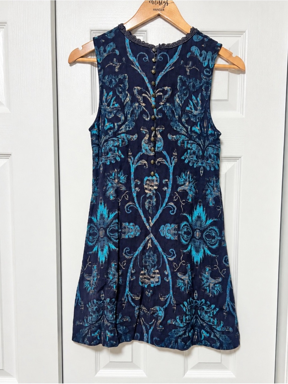 Free People Mirabelle Mini Dress XS Navy Blue Teal Paisley Crochet Lace Boho